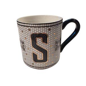 Anthropologie Monogram "S" Mosaic Tile Mug Black & White 12 oz Handwash Only